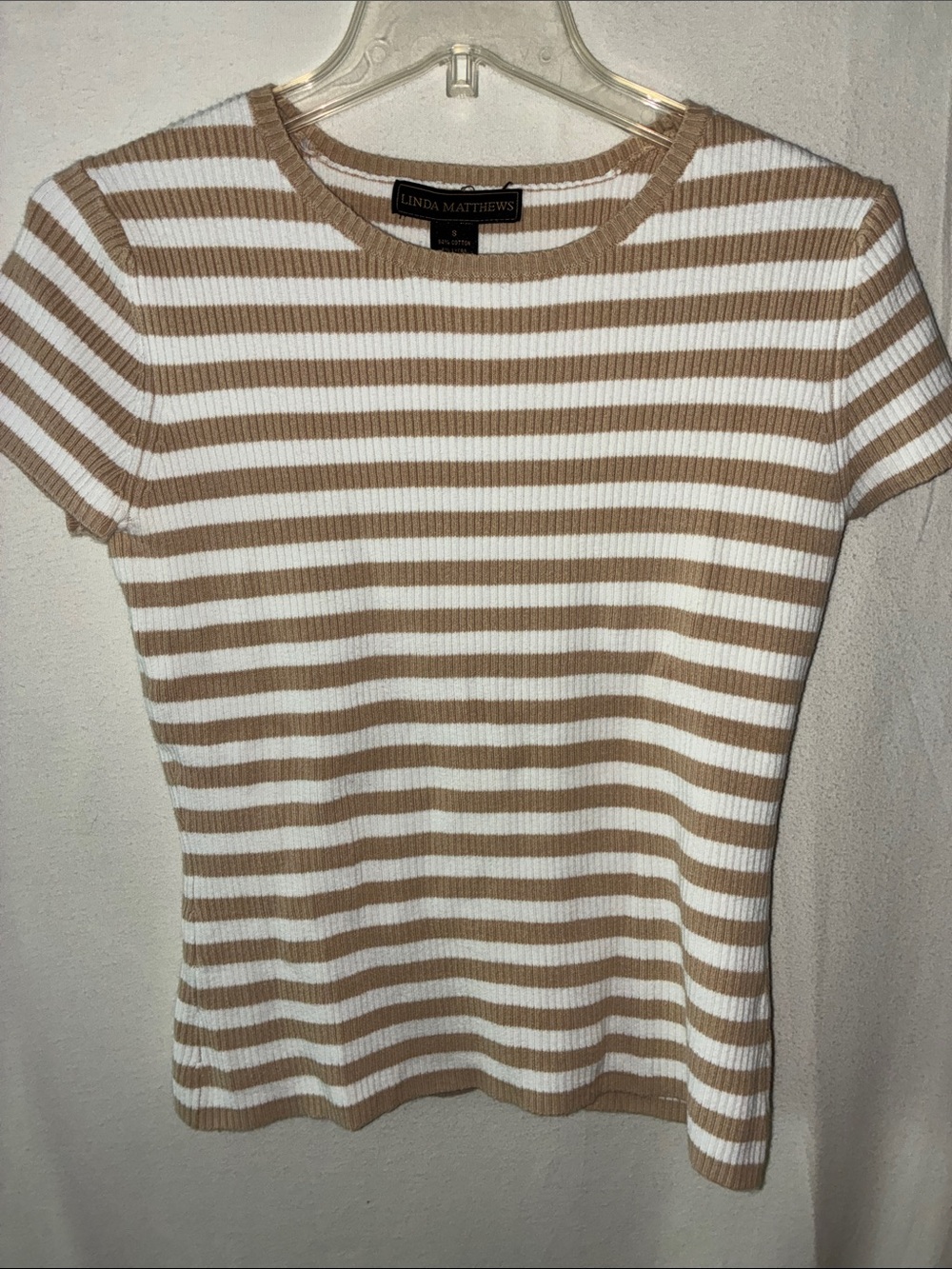 Women's Beige and White Striped Ribbed Tee